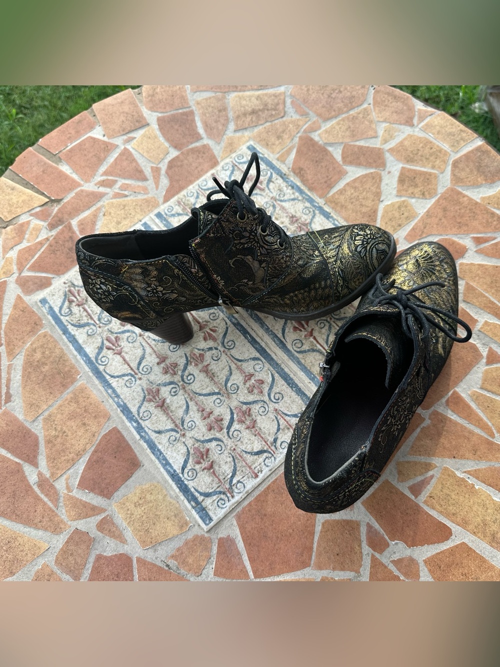 Embassy London style Roulette Heels Black Gold Metallic Brocade Victorian Gothic